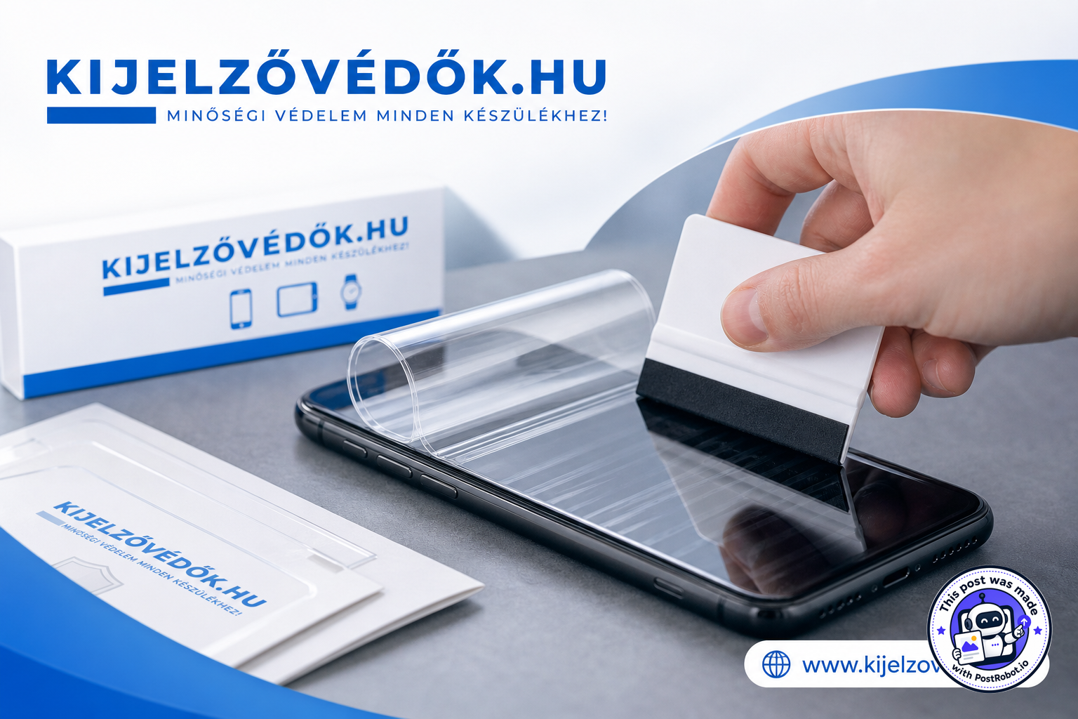 Ruka vyhlazuje průhlednou ochrannou fólii na chytrém telefonu vedle balení Kijelzővédők.hu