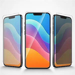 Průhledné ochranné fólie umístěné nad displeji tří chytrých telefonů
